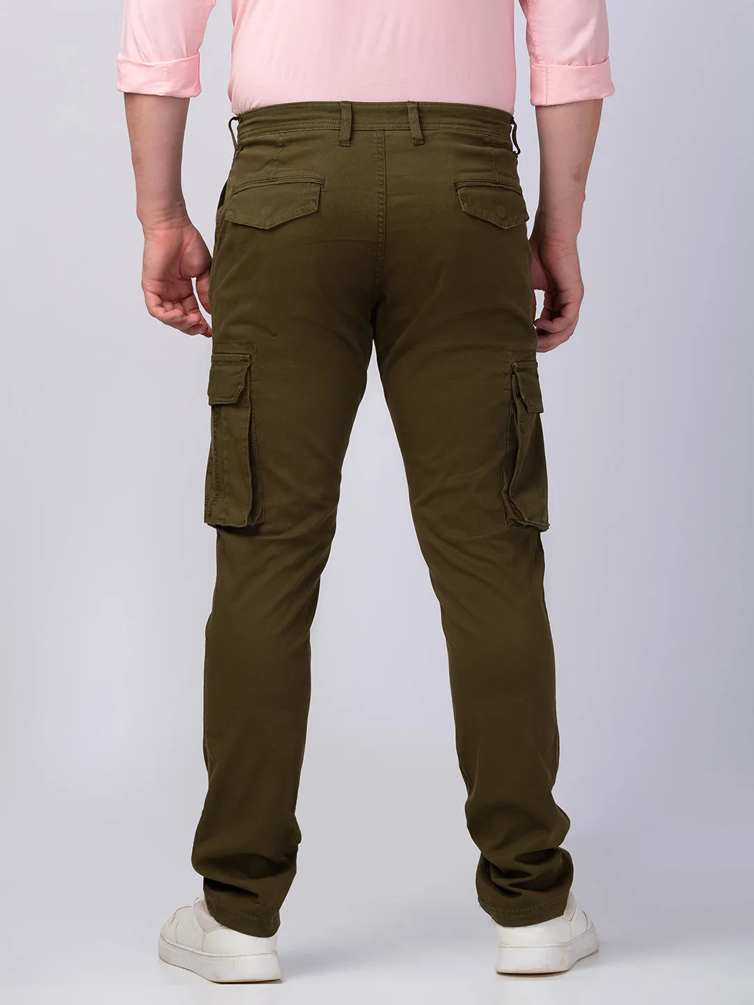 Spykar Men Military Green Cotton Slim Fit Ankle Length Trouser Cargo Pants