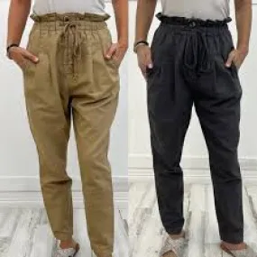 Stone Wash Paperbag Waist Pants