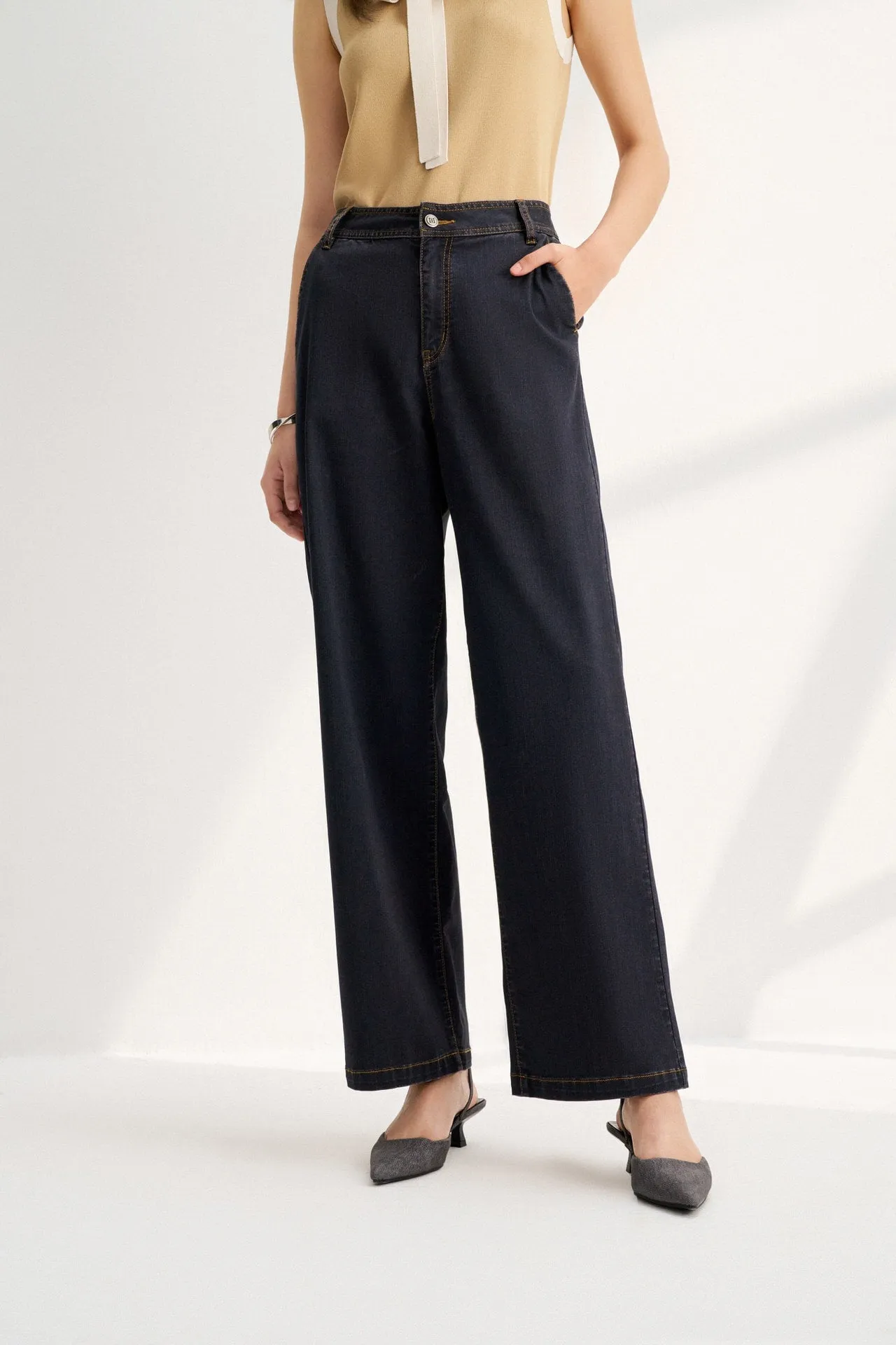 Stretch Denim Relaxed Straight Leg Jeans