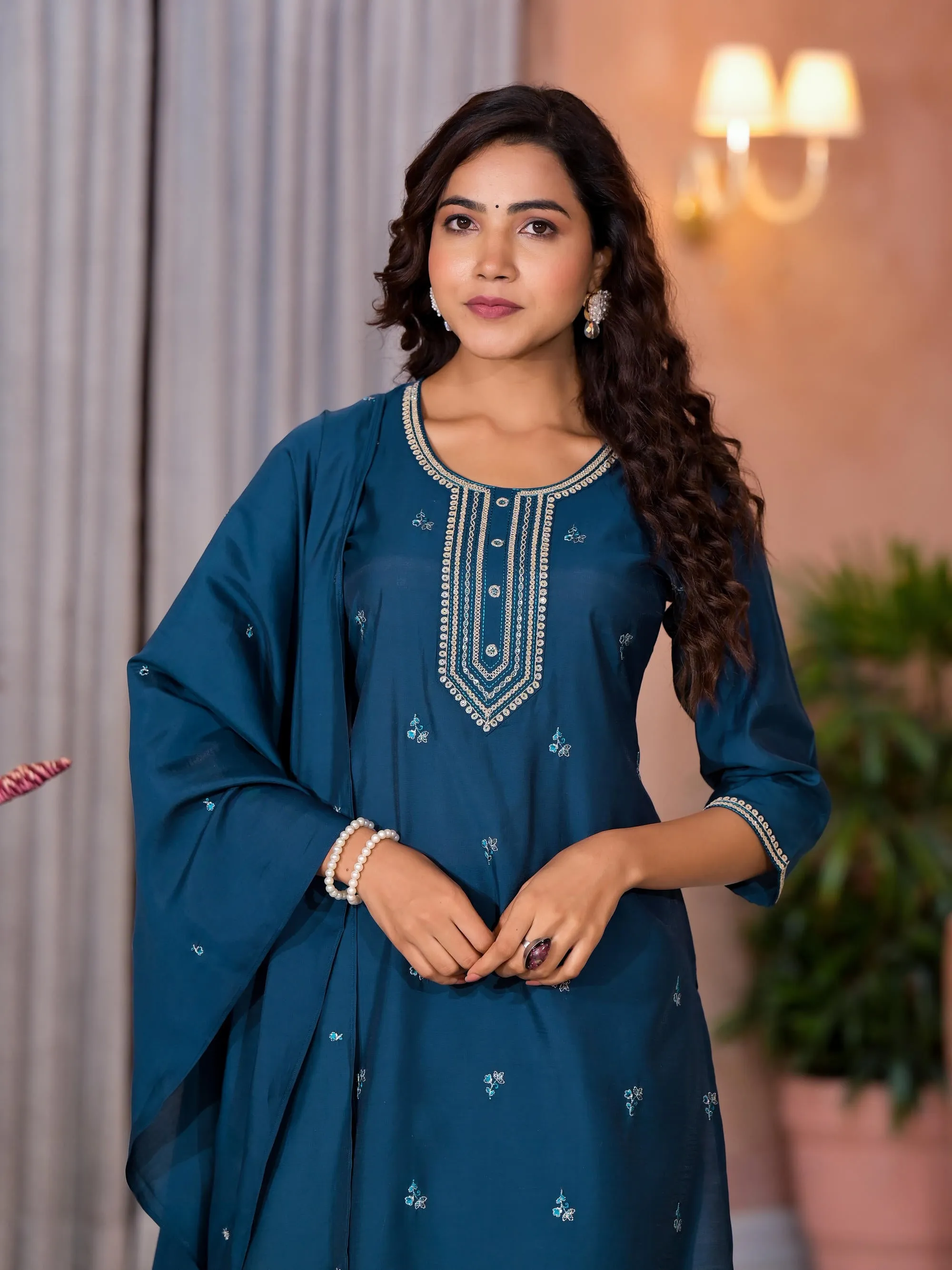 Teal Thread Work Embroidered Viscose Kurta Pant And Dupatta Set With Buttons Work