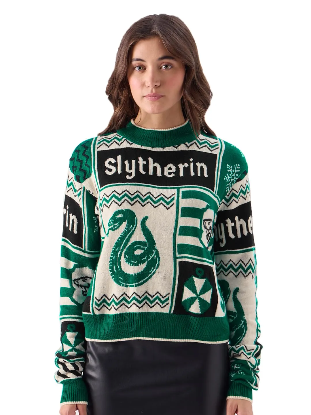 The Souled Store Official Harry Potter: House Slytherin Women Knitted Sweaters Sweatshirts Hoodies Pullovers Crewneck Hooded Zip-Up Graphic Printed Solid Color Block Sportswear Casual Warm Cozy Green