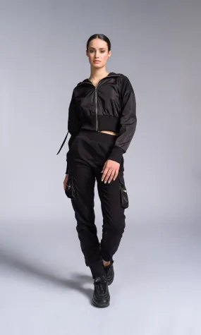 Two-piece Set of Joggers with Cargo Pockets and Cropped Zip-up Hoodie