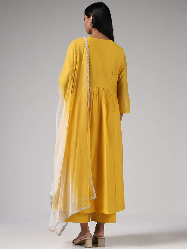 Vark Mustard Embroidered Kurta, Solid Palazzos, and Dupatta Set