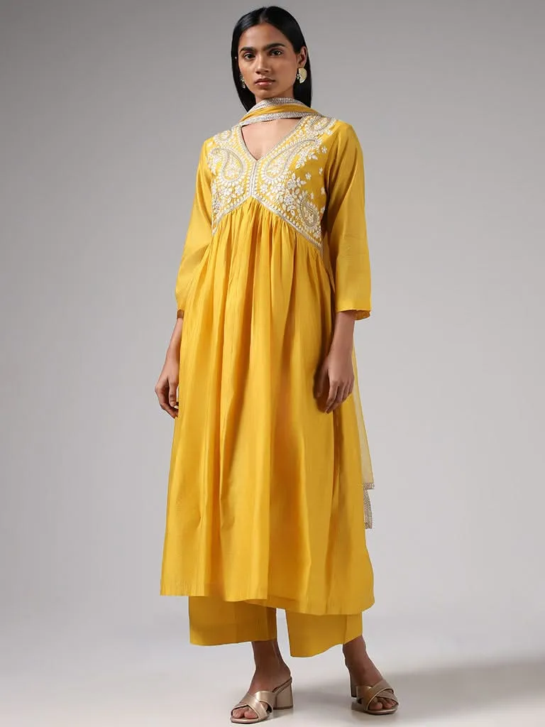 Vark Mustard Embroidered Kurta, Solid Palazzos, and Dupatta Set