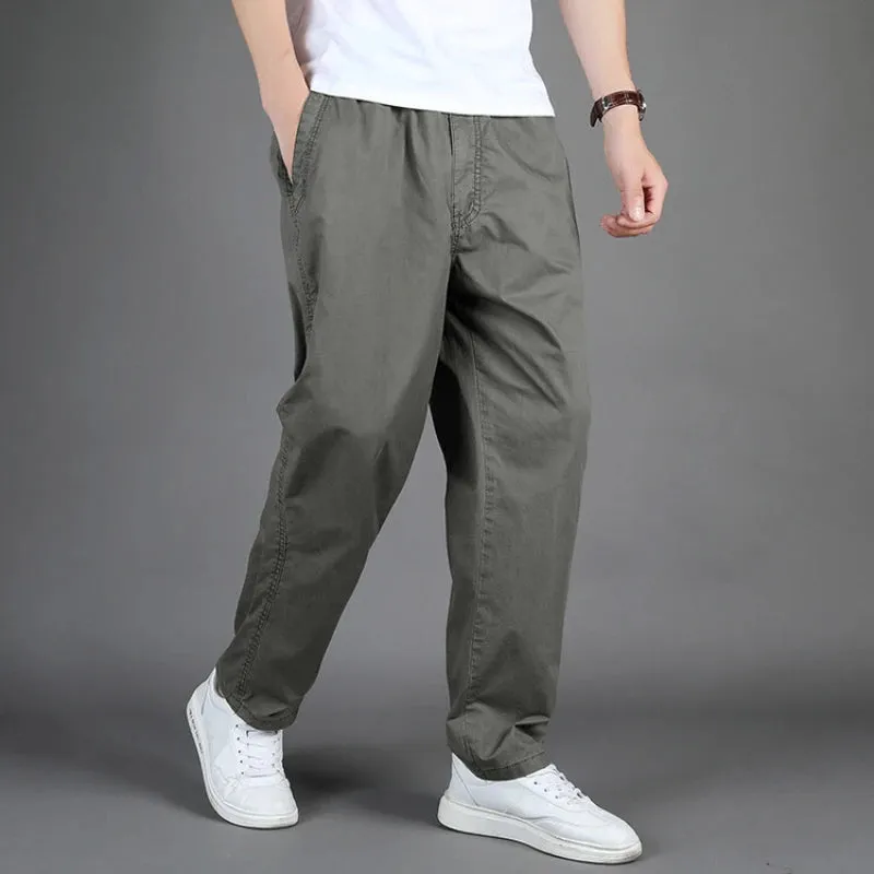 Wiaofellas  -  Men's Straight Cargo Trousers, Casual Pants, Monochromatic, Plus Size, M-6XL, Elastic Waist, 100% Cotton, Ninth Pants, New