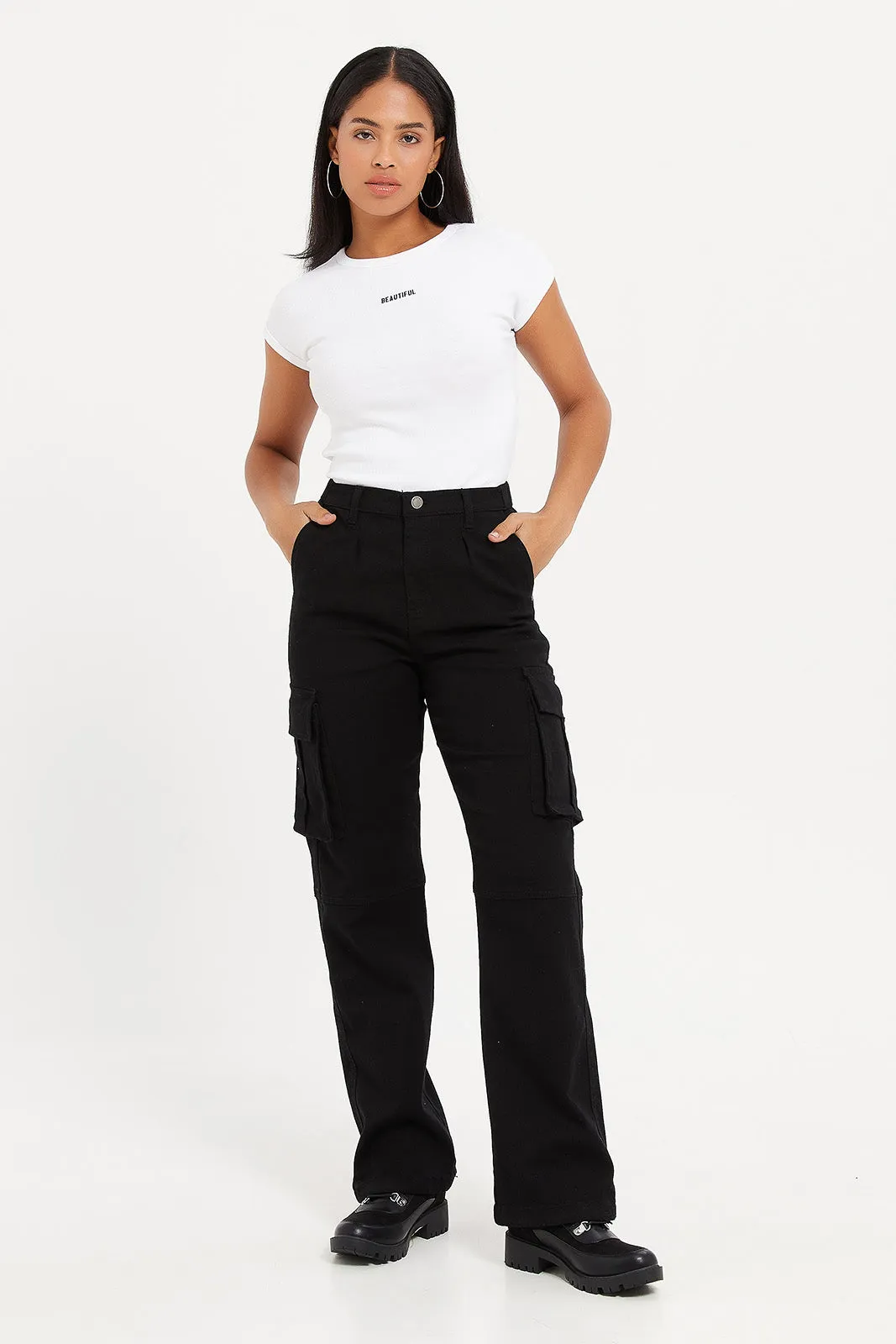 Women Black Bottom Elasticated Cargo Pants