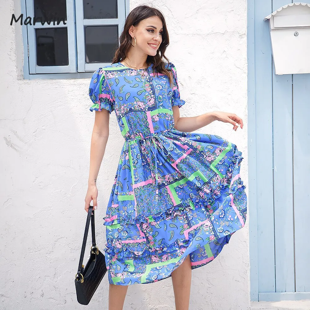 Women Floral O-Neck Puff Sleeve With Belt Holiday Street Style High Waist Summer Casual Dresses - WD8200