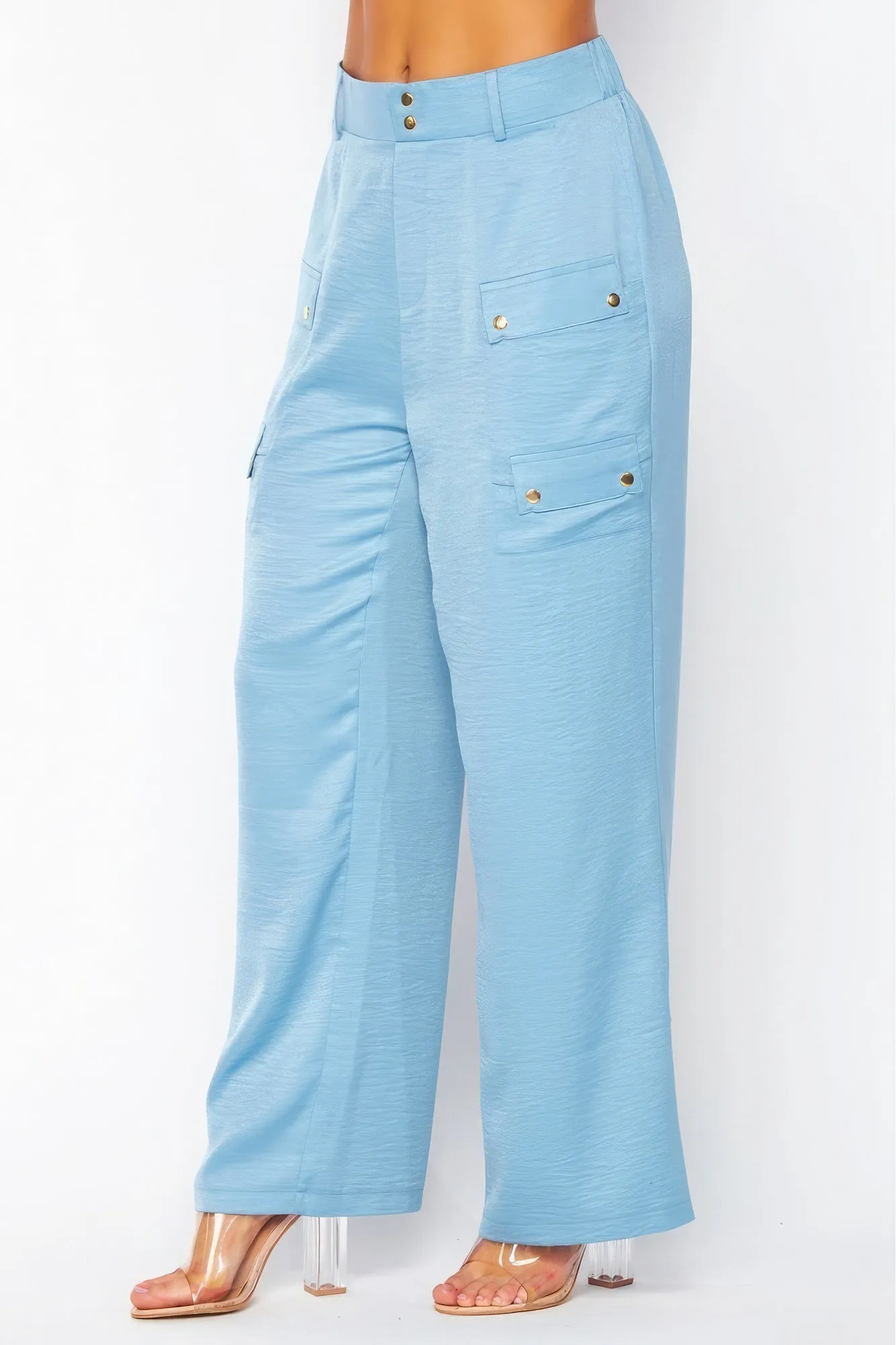 Women's Colorful Satin Cargo Pocket Wide Leg Pants