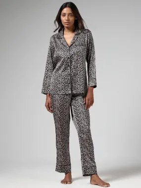 Wunderlove Dark Brown Animal Printed Satin Shirt & Pyjamas Set