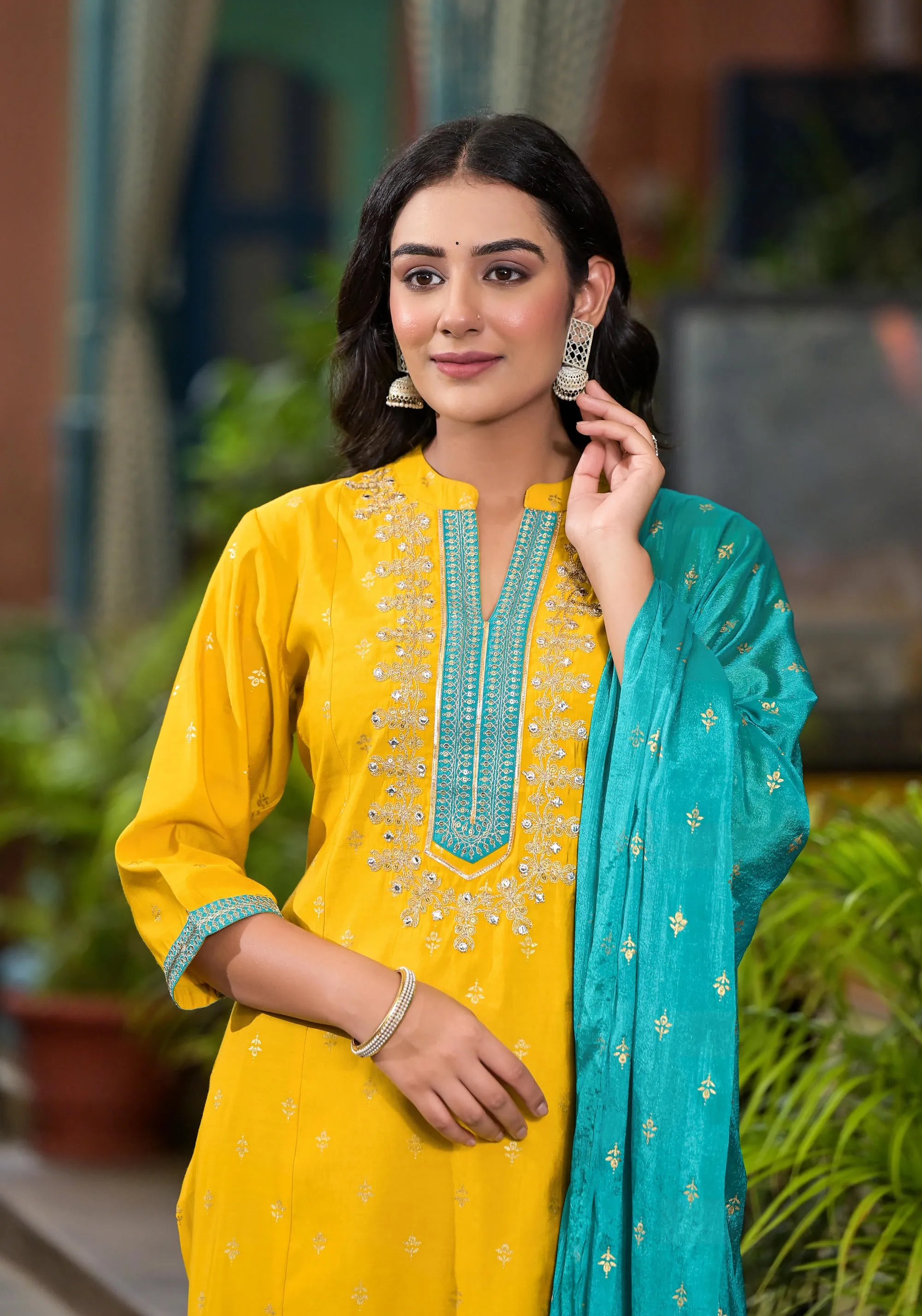 Yellow Solid Liva Rayon Kurta Pant And Dupatta Set With Zari Work & Sequins