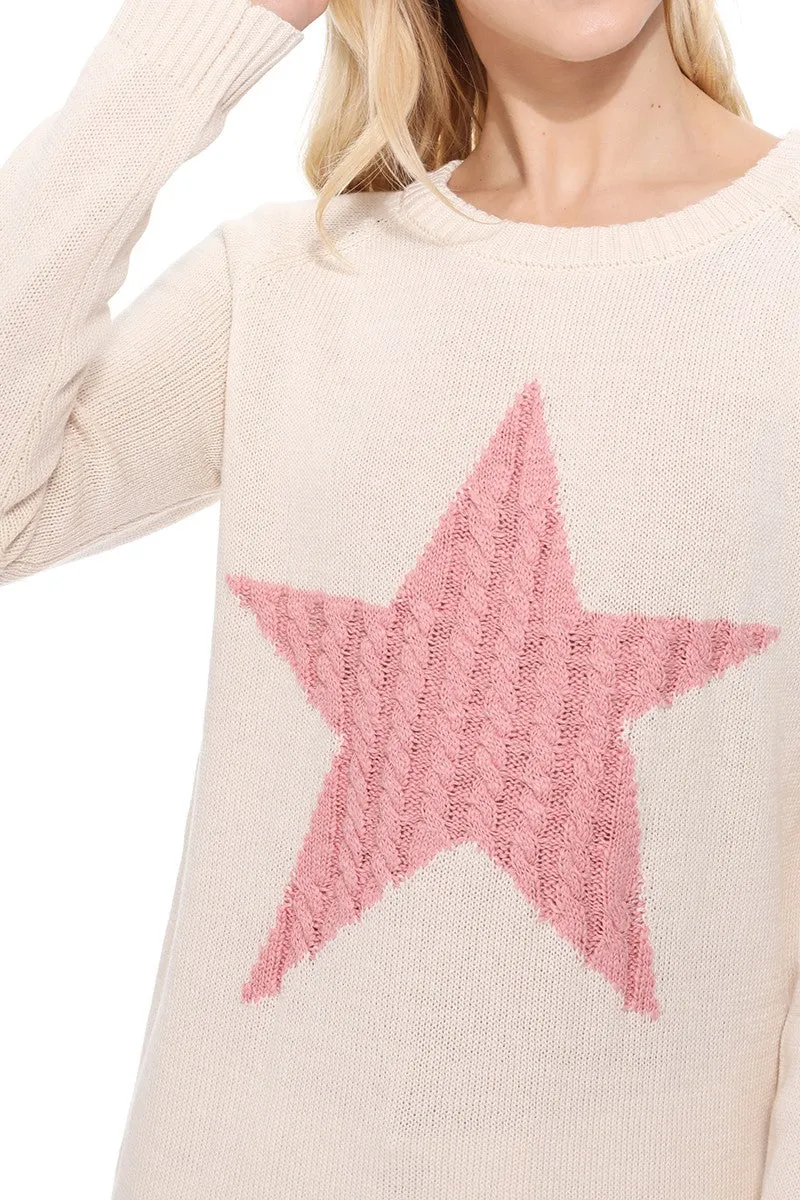 YEMAK Women's Pullover Sweater Long Sleeve Crewneck Cute Star Cable Knit MK3506 STAR (S-L)