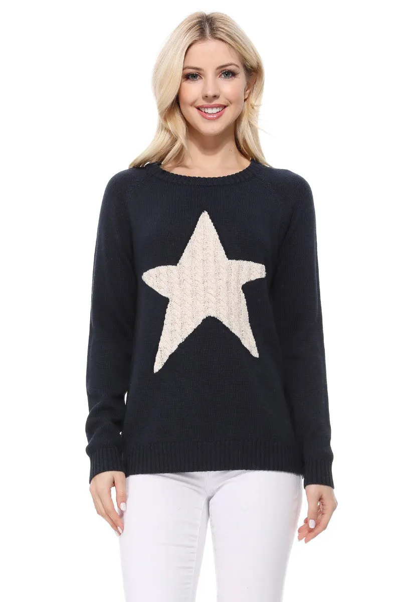 YEMAK Women's Pullover Sweater Long Sleeve Crewneck Cute Star Cable Knit MK3506 STAR (S-L)